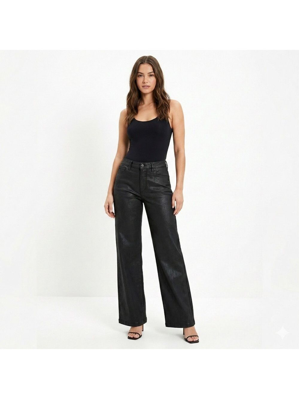 AMERICAN EAGLE Cotton Blend Black Coated Pleated Wide Leg Jeans Side Pockets 12L